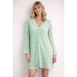 Alya Mint Green Lace Bell Sleeve Mini Dress Boho V-Neck Size Small